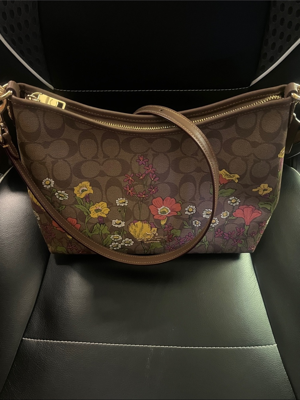 Coach Brown Signature Floral Shoulder Bag with Multicolor Blooms